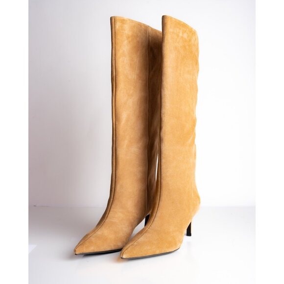 Zara Womens Knee High Boots Wide Shaft Split Leather Dark Tan US 11 EU 42 NWT - Picture 1 of 10